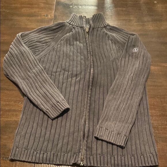 Distressed Gray Ribbed Aigle Zip-Up Sweater medium - Picture 1 of 11